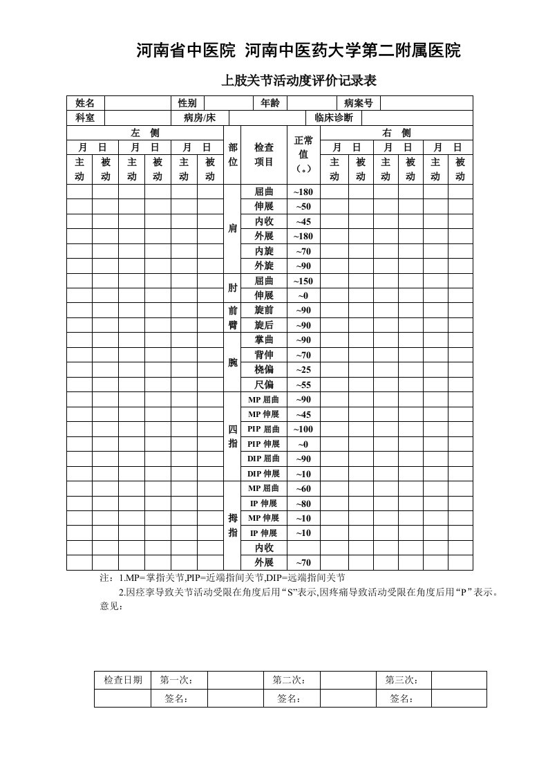 ROM关节活动评定表