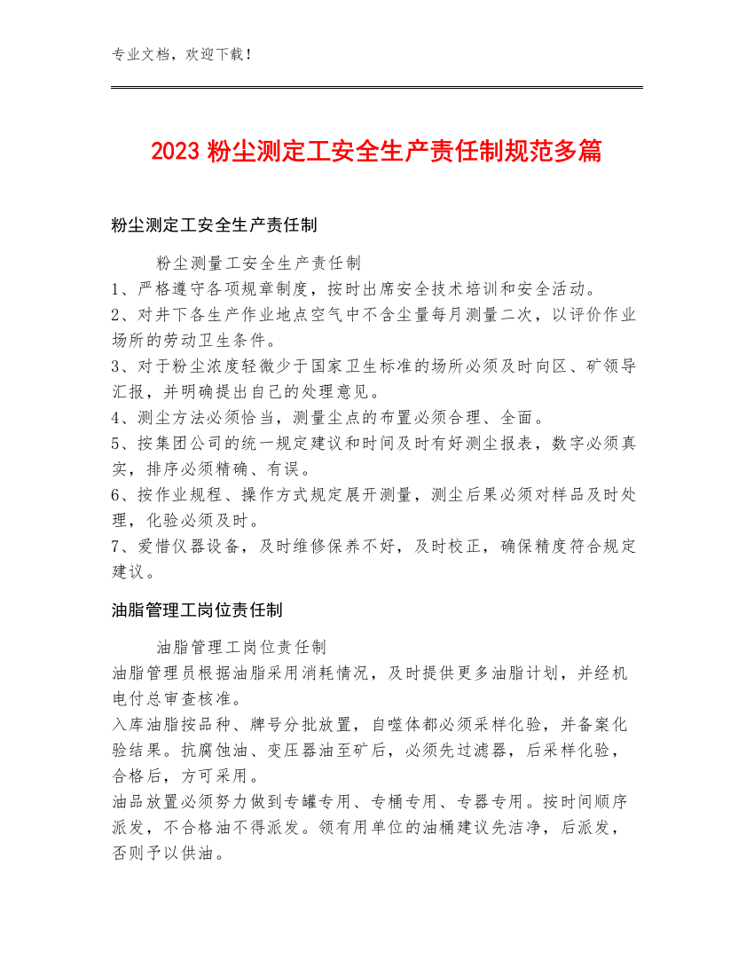 2023粉尘测定工安全生产责任制规范多篇