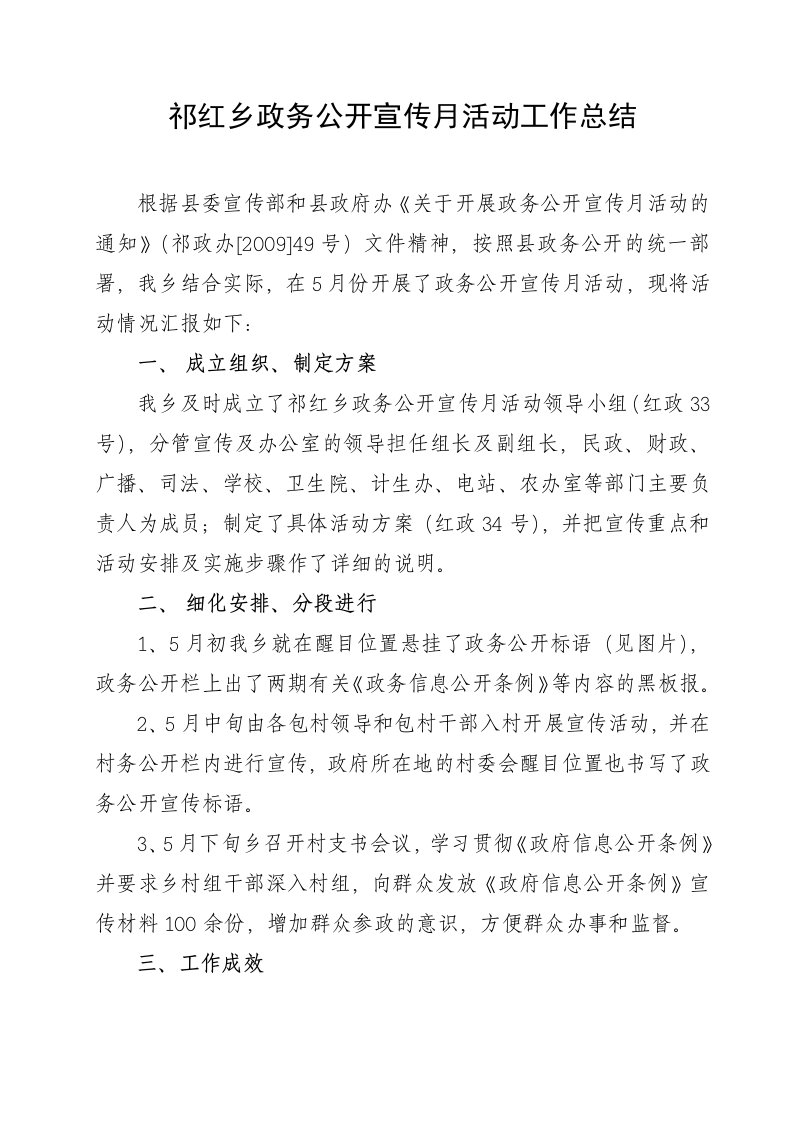 祁红乡政务公开宣传月活动工作总结