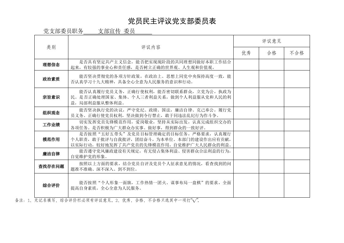 民主评议党员互评表