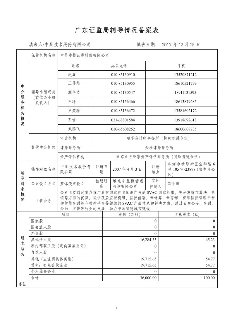 广东证监局辅导情况备案表