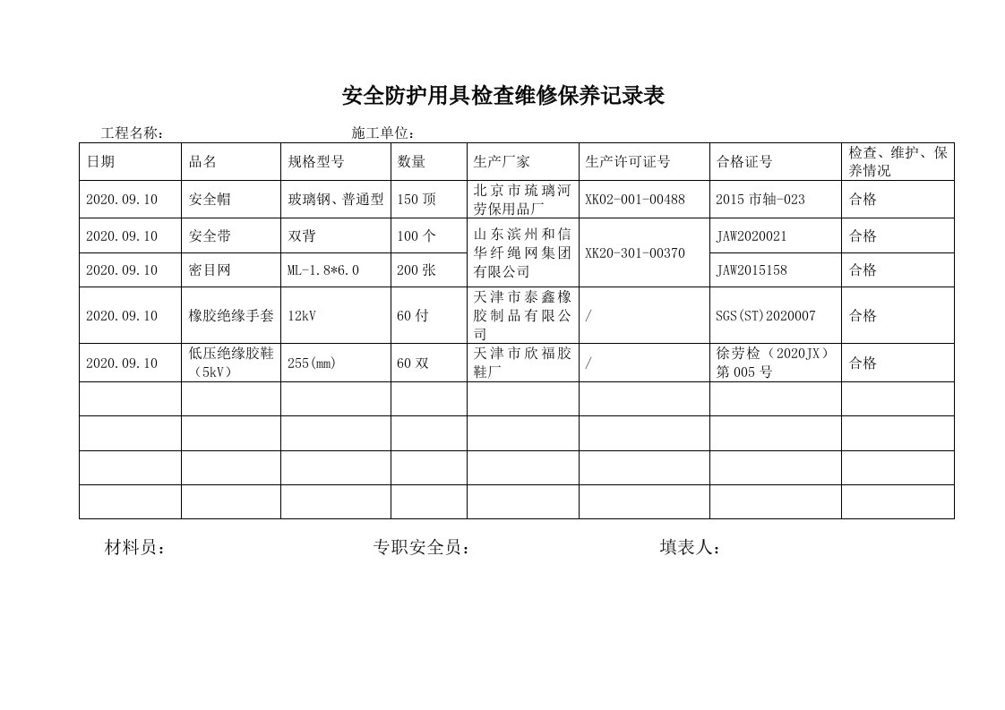 安全防护用具检查维修保养记录表