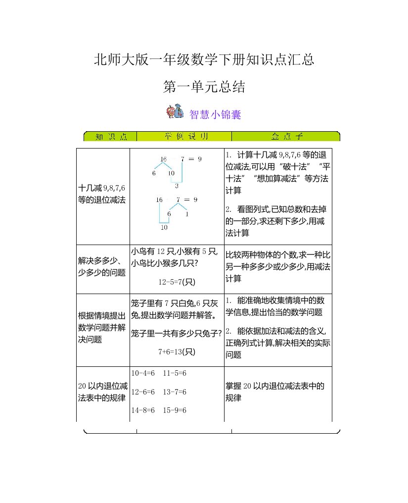 北师大版一年级数学下册知识点汇总