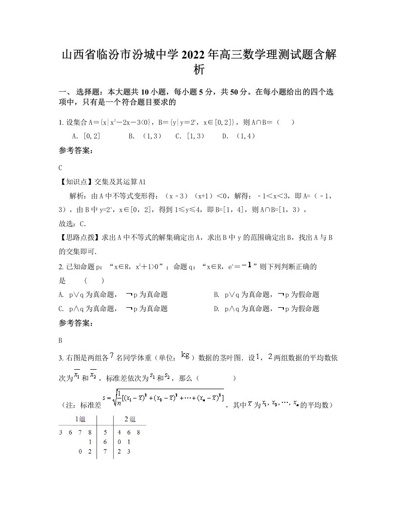 山西省临汾市汾城中学2022年高三数学理测试题含解析