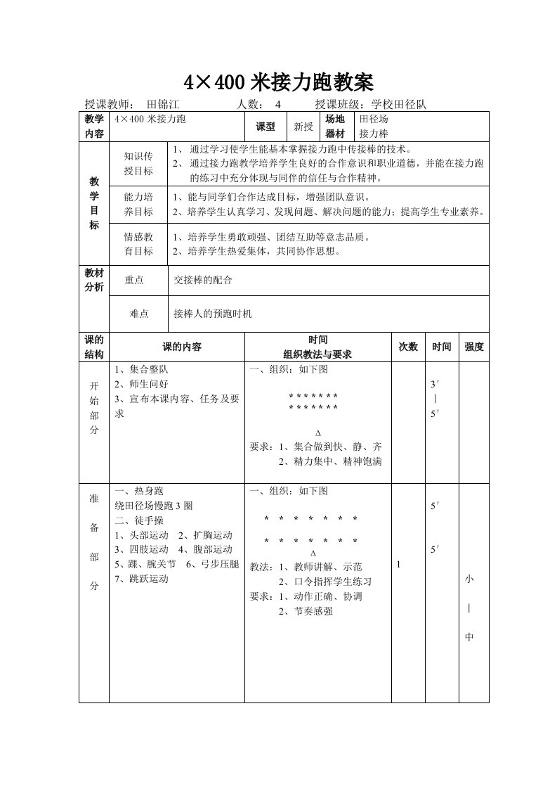 4×400米接力跑教案