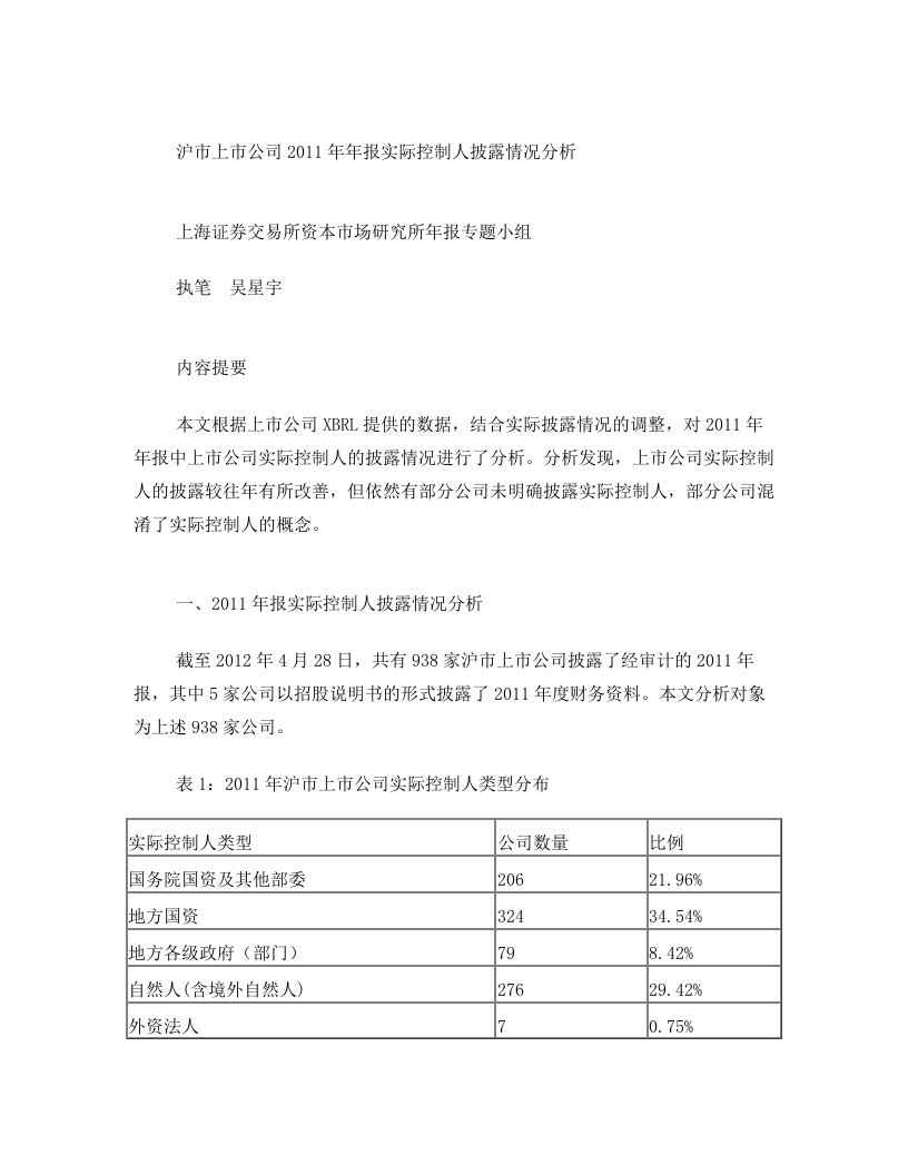 沪市上市公司2011年年报实际控制人披露情况分析