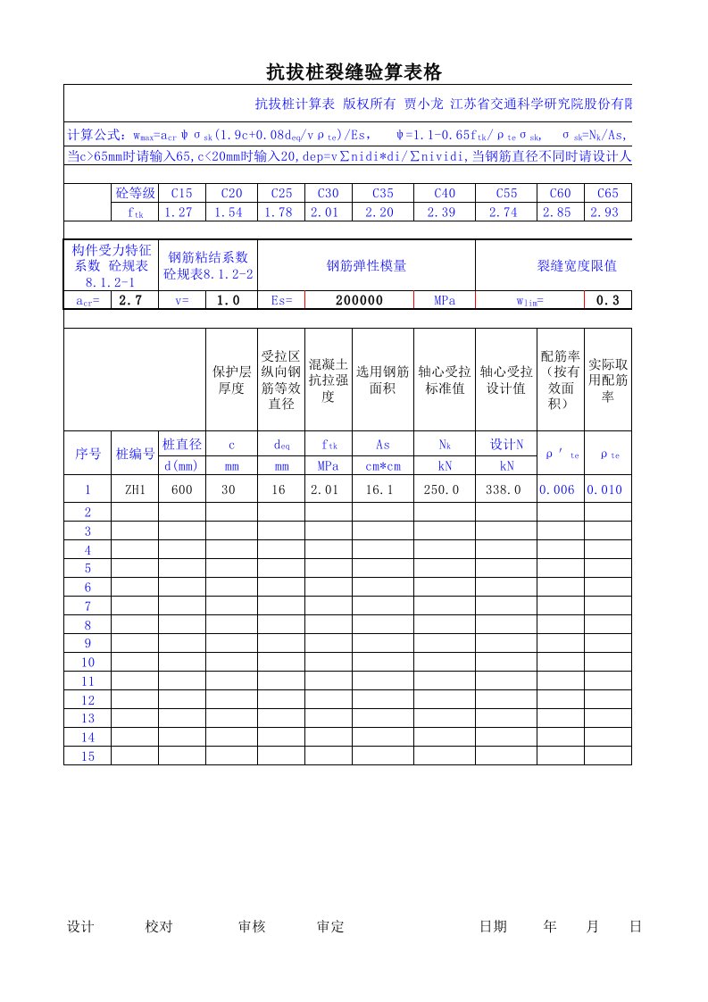 2010版抗拔桩裂缝及强度验算计算表格