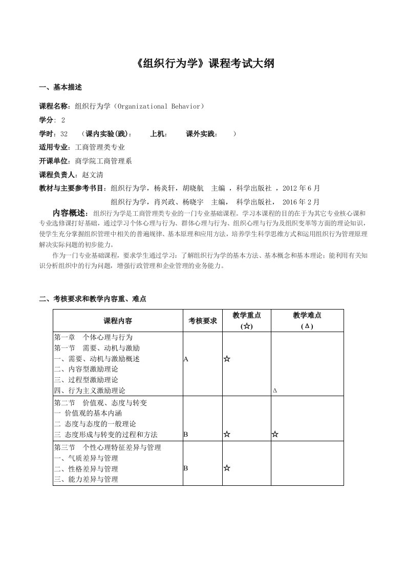 组织行为学课程考试大纲