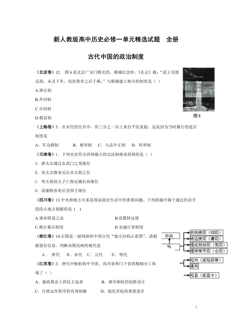 新人教版高中历史必修一单元精选试题全册