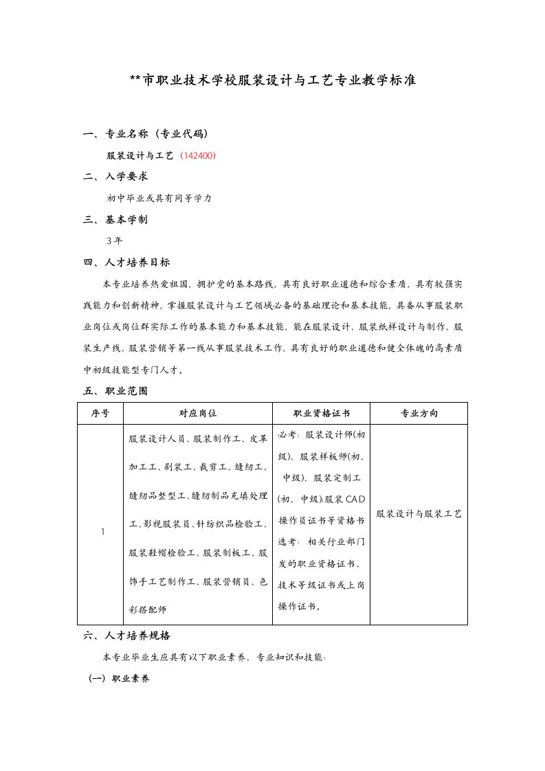 职业技术学校服装设计和工艺设计专业教学标准