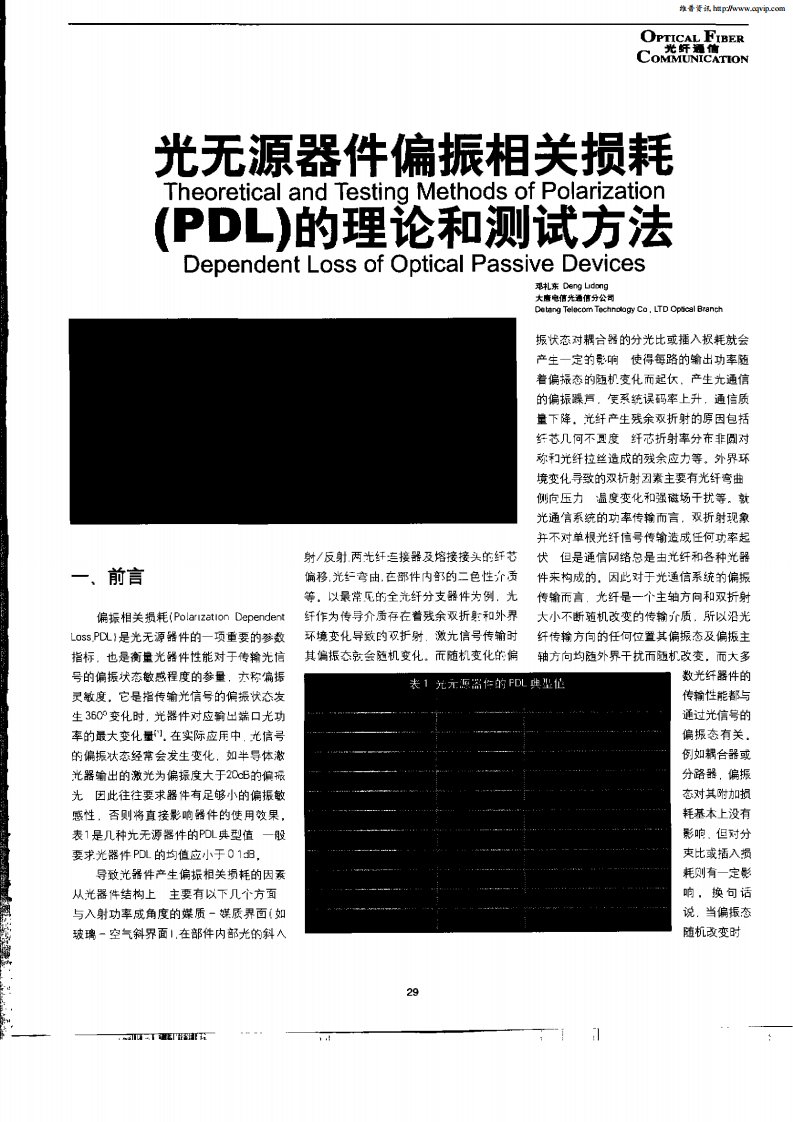 光无源器件偏振相关损耗(PDL)的理论和测试方法