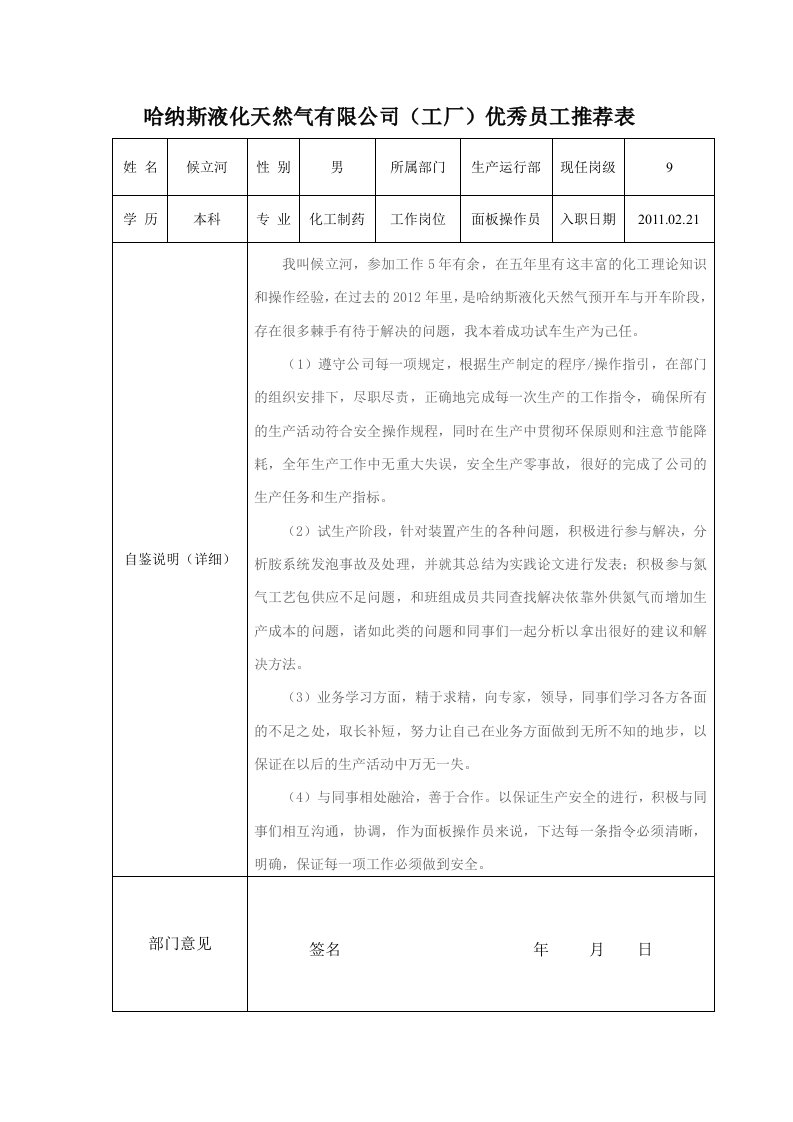 哈纳斯液化天然气有限公司优秀员工推荐表