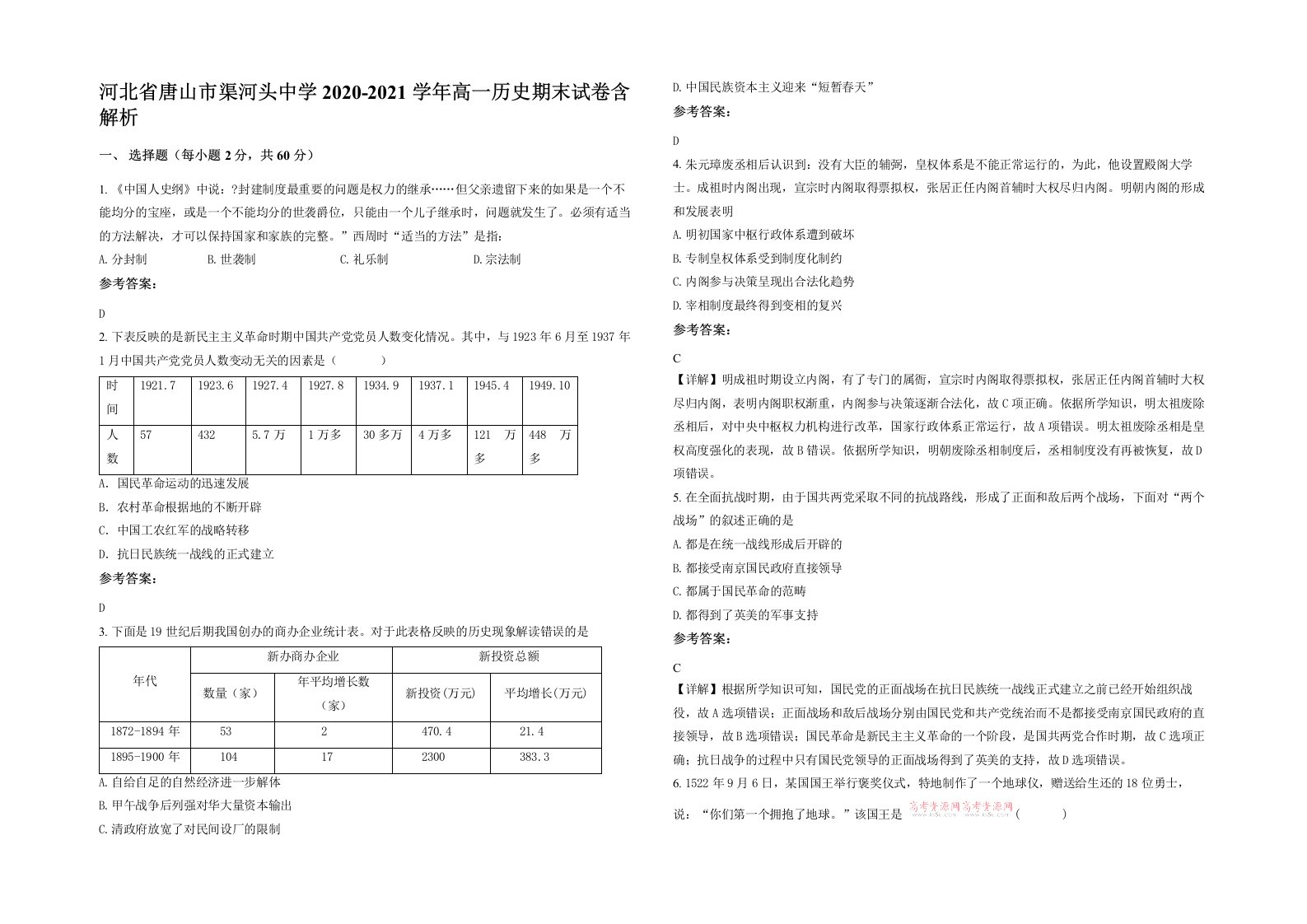 河北省唐山市渠河头中学2020-2021学年高一历史期末试卷含解析