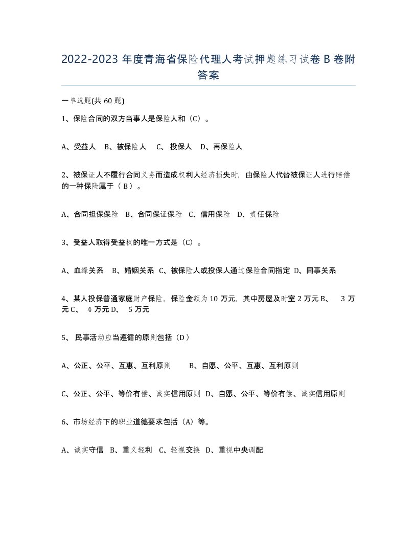 2022-2023年度青海省保险代理人考试押题练习试卷B卷附答案