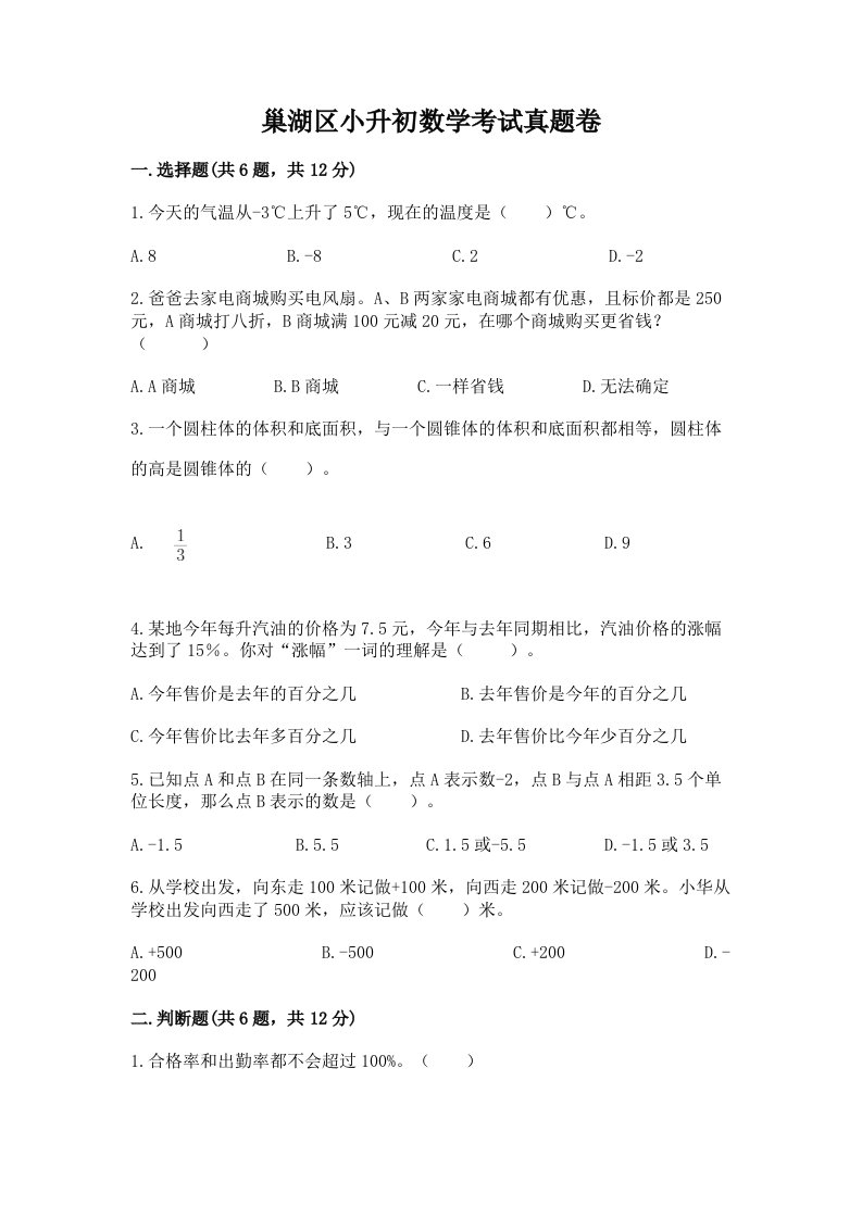 巢湖区小升初数学考试真题卷新版