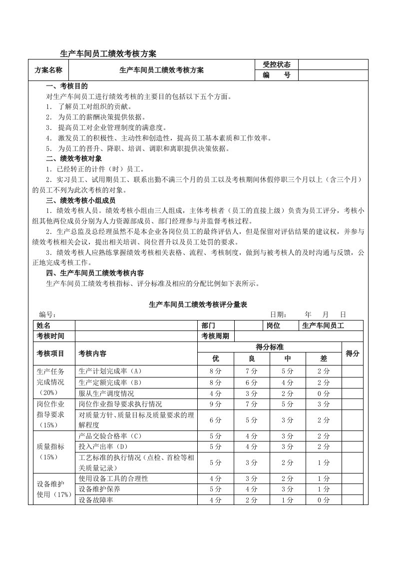 生产车间工人绩效考核方案[1]