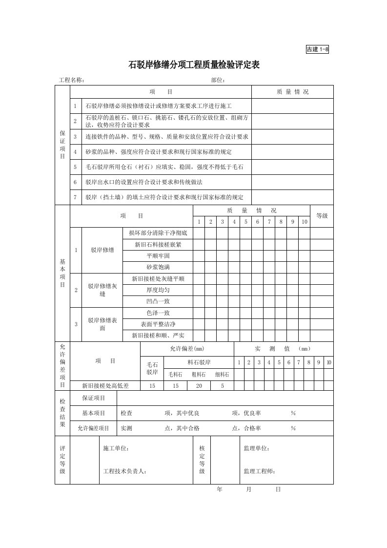 建筑工程-古建18石驳岸修缮分项工程质量检验评定表