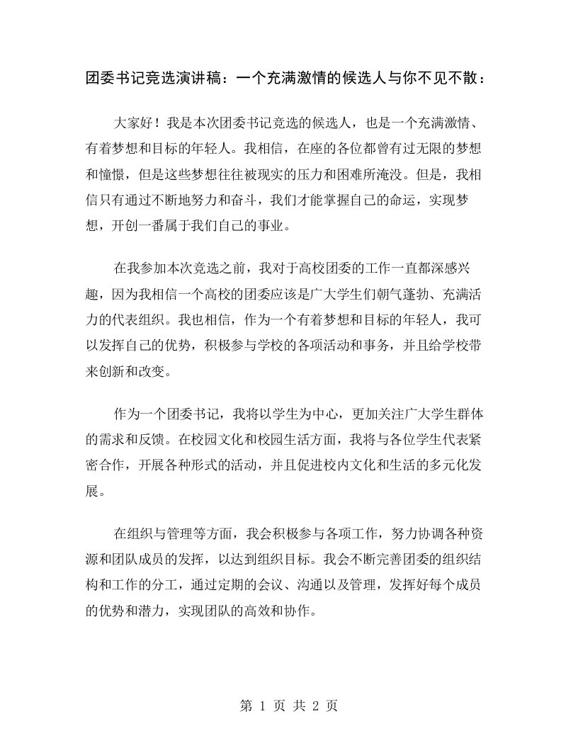 团委书记竞选演讲稿：一个充满激情的候选人与你不见不散