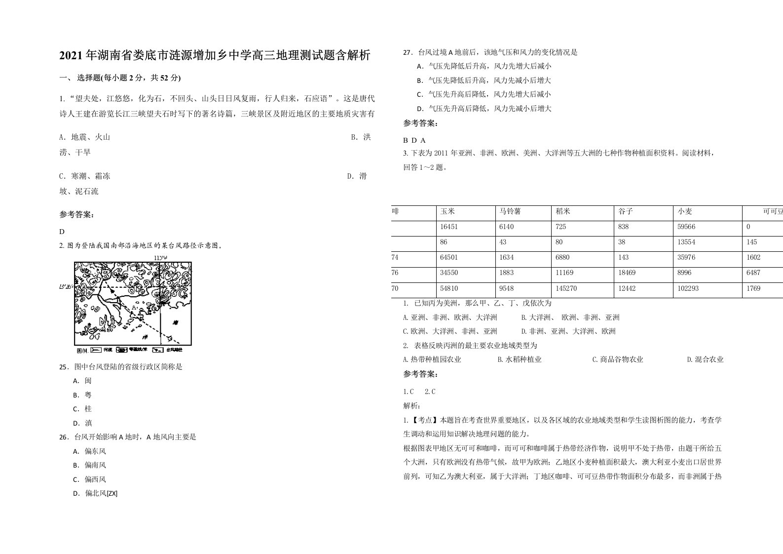 2021年湖南省娄底市涟源增加乡中学高三地理测试题含解析