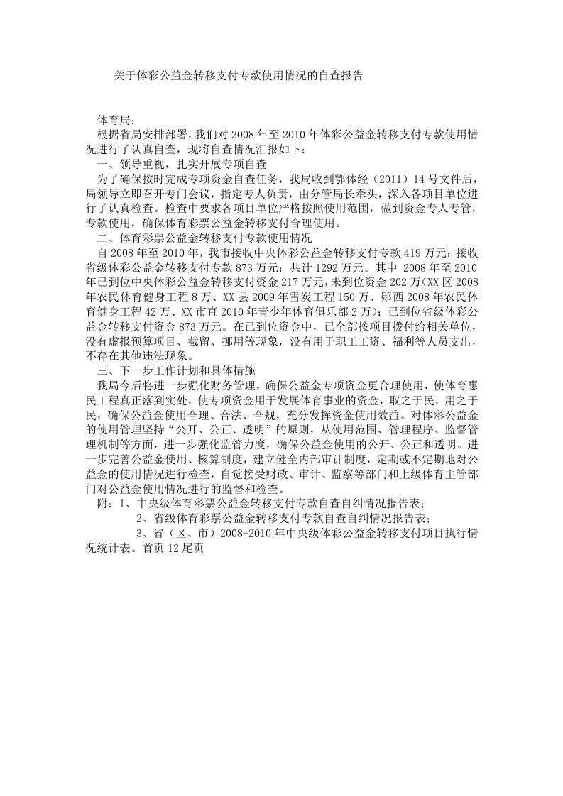 关于体彩公益金转移支付专款使用情况的自查报告.doc