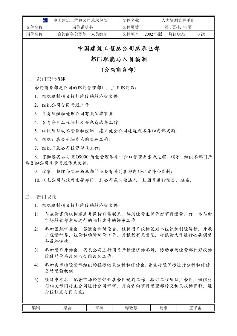 中国建筑工程总公司总承包部部门职能与人员编制（合约商务部）（DOC