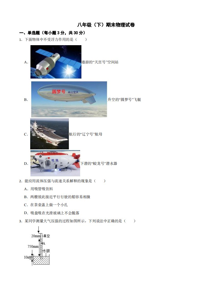 安徽省淮南市2024年八年级（下）期末物理试卷附参考答案