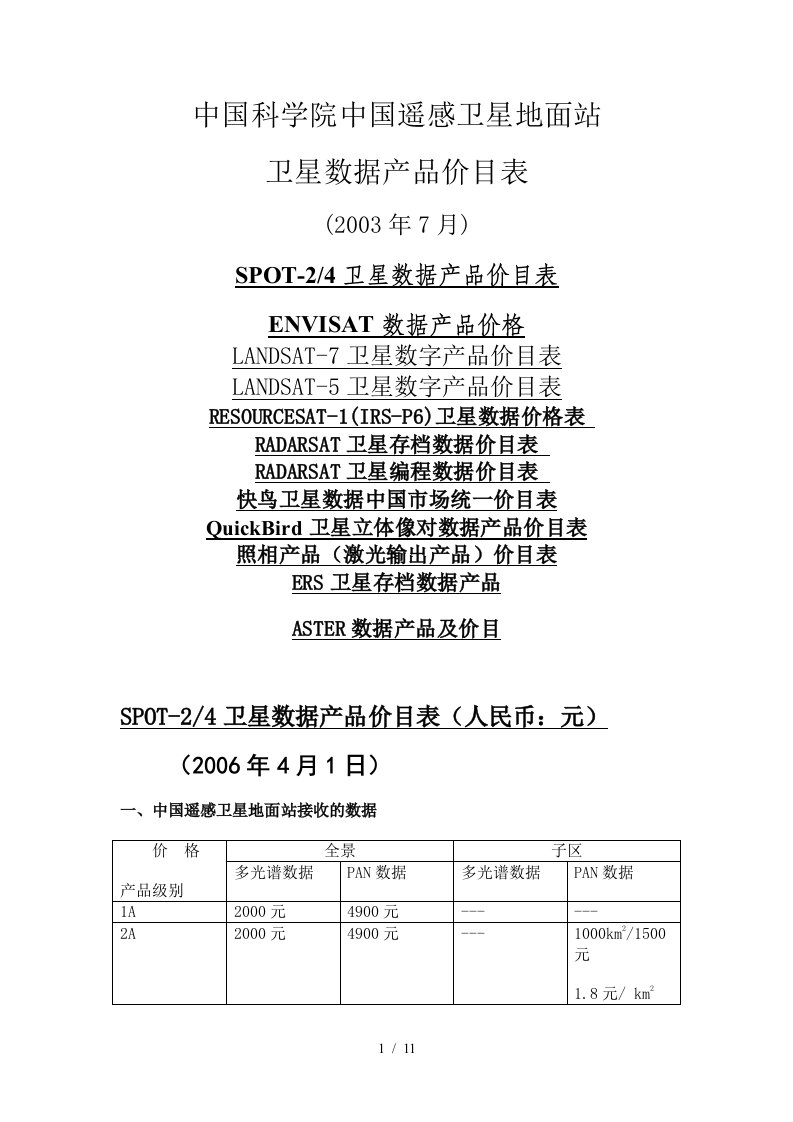 中国科学院中国遥感卫星地面站卫星数据产品价目表