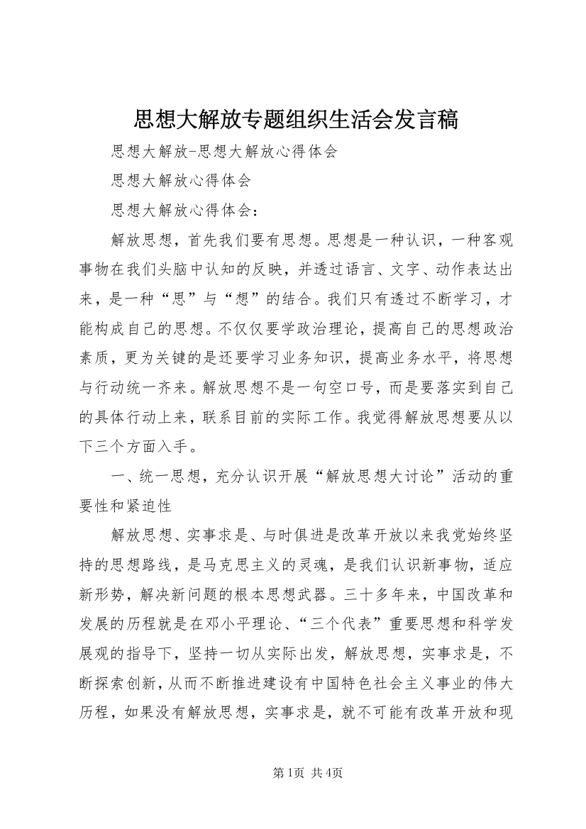 思想大解放专题组织生活会发言稿