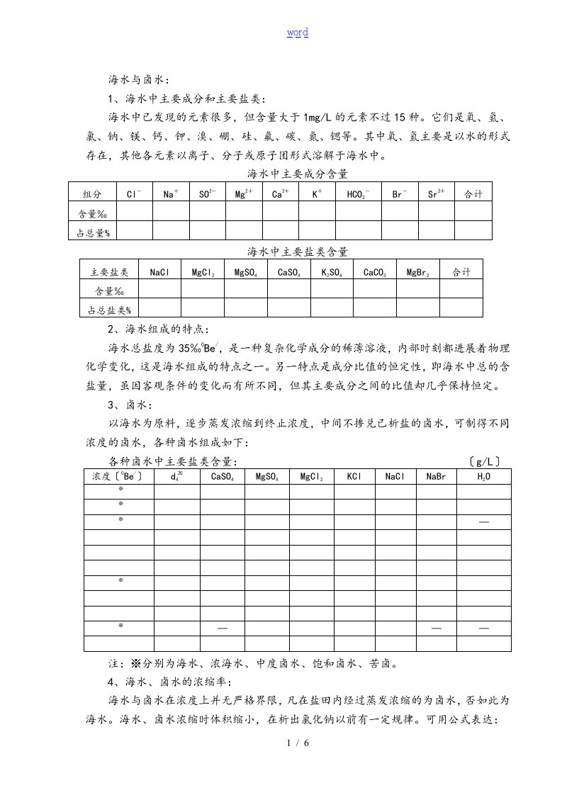 海水与卤水成份分析报告