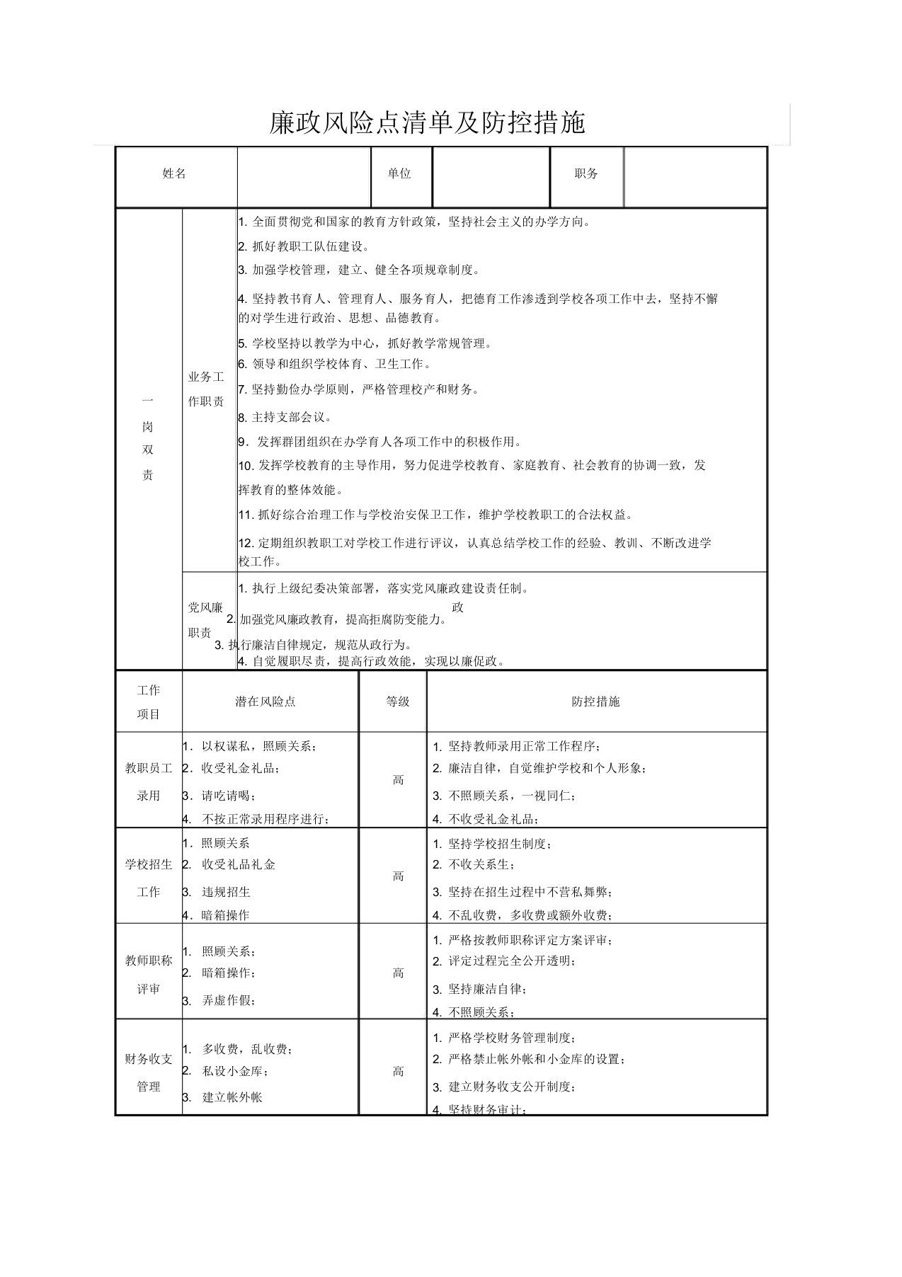 高中学校廉政风险点清单及防控措施