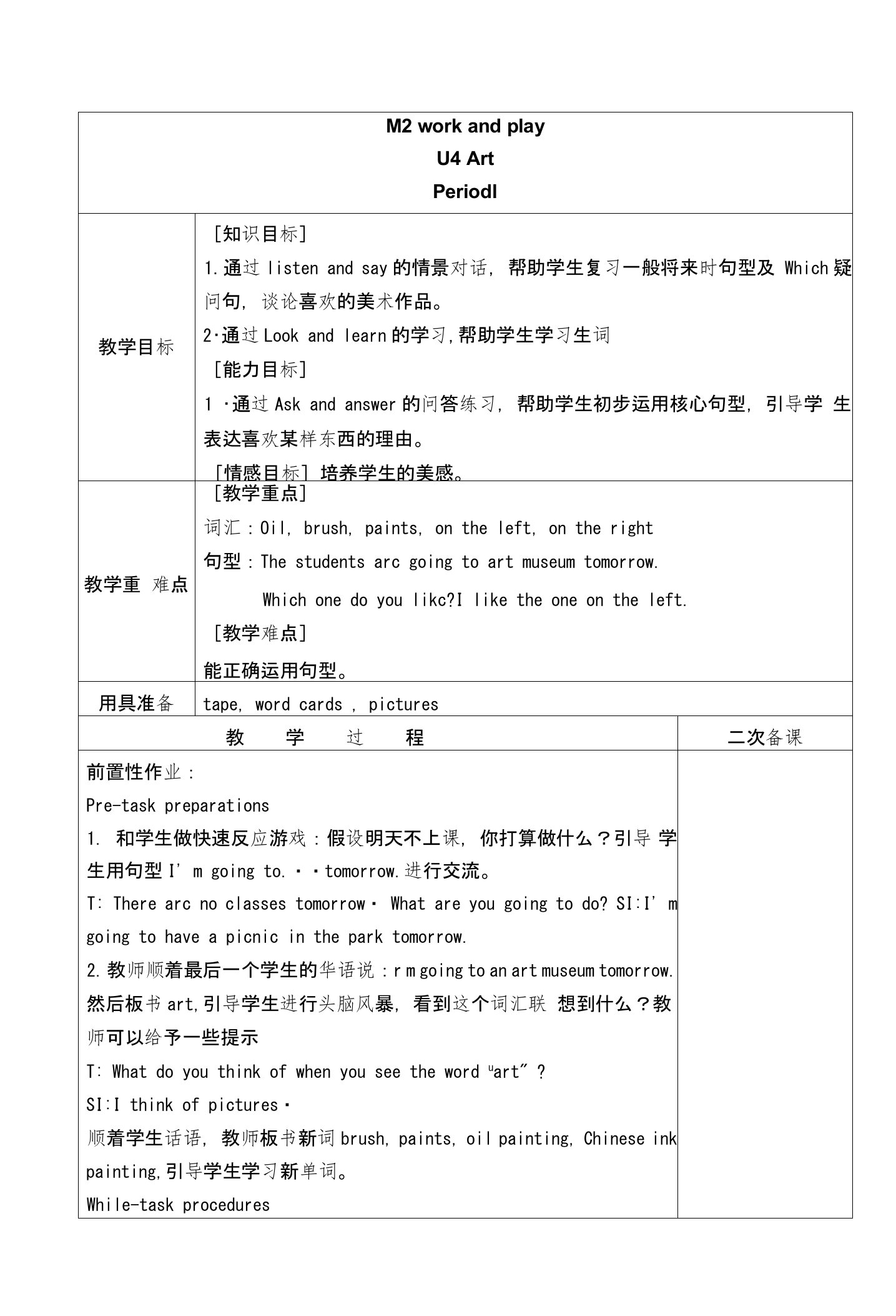 2017上海教育版英语六年级下册Unit4《Art》教案