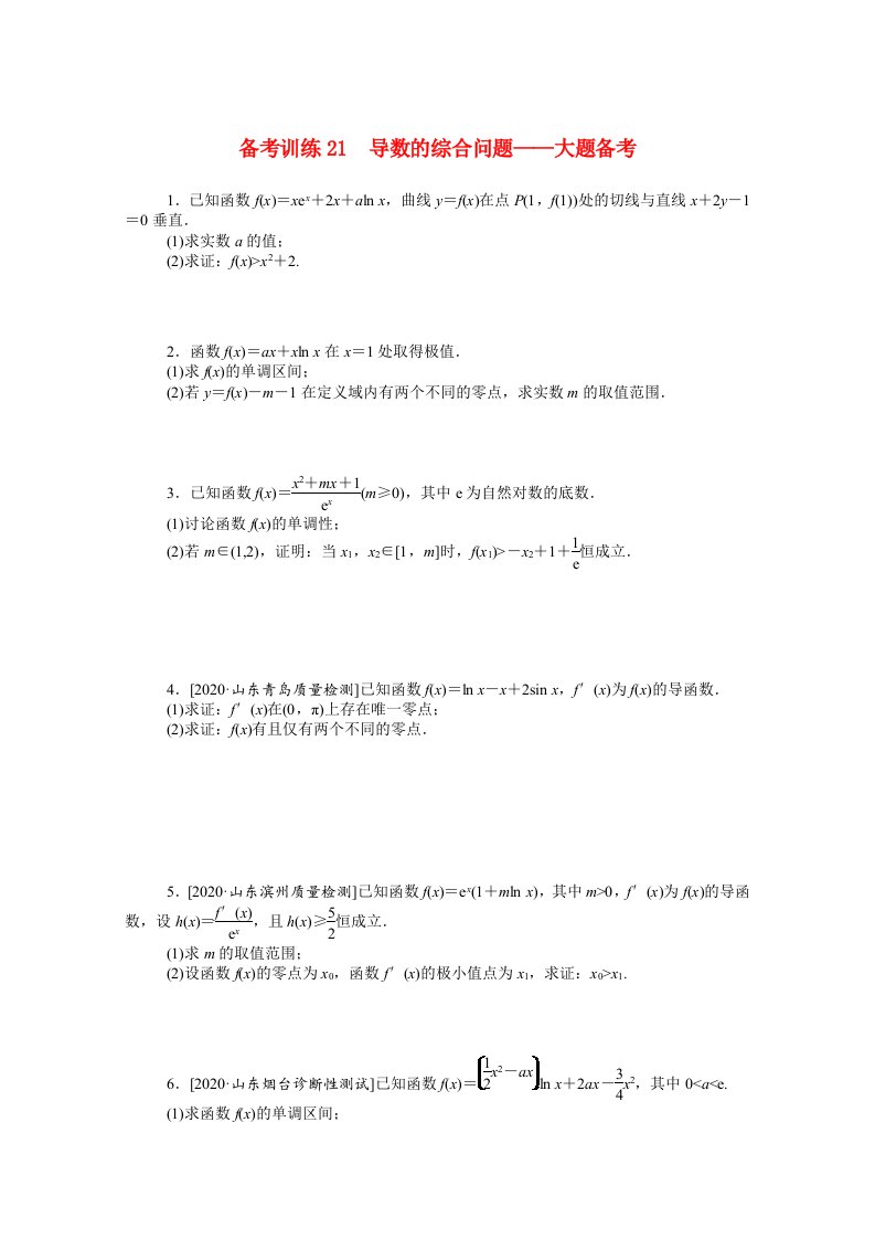 2021高考数学二轮专题复习备考训练21导数的综合问题_大题备考含解析