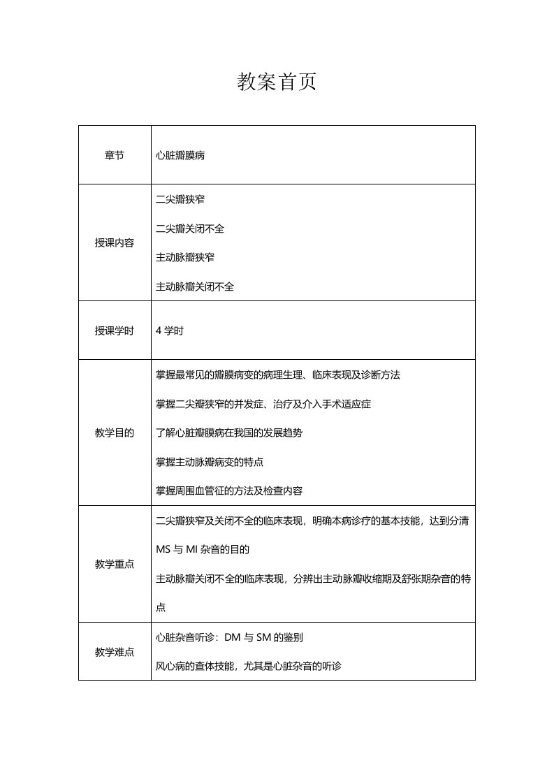 心血管内科(心内科)见习教案心脏瓣膜病