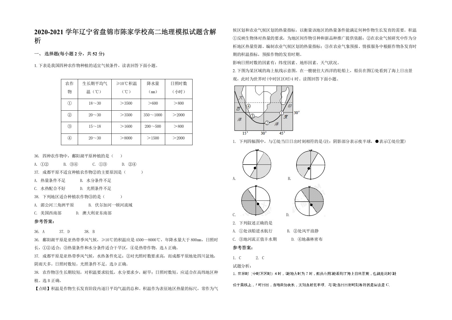 2020-2021学年辽宁省盘锦市陈家学校高二地理模拟试题含解析