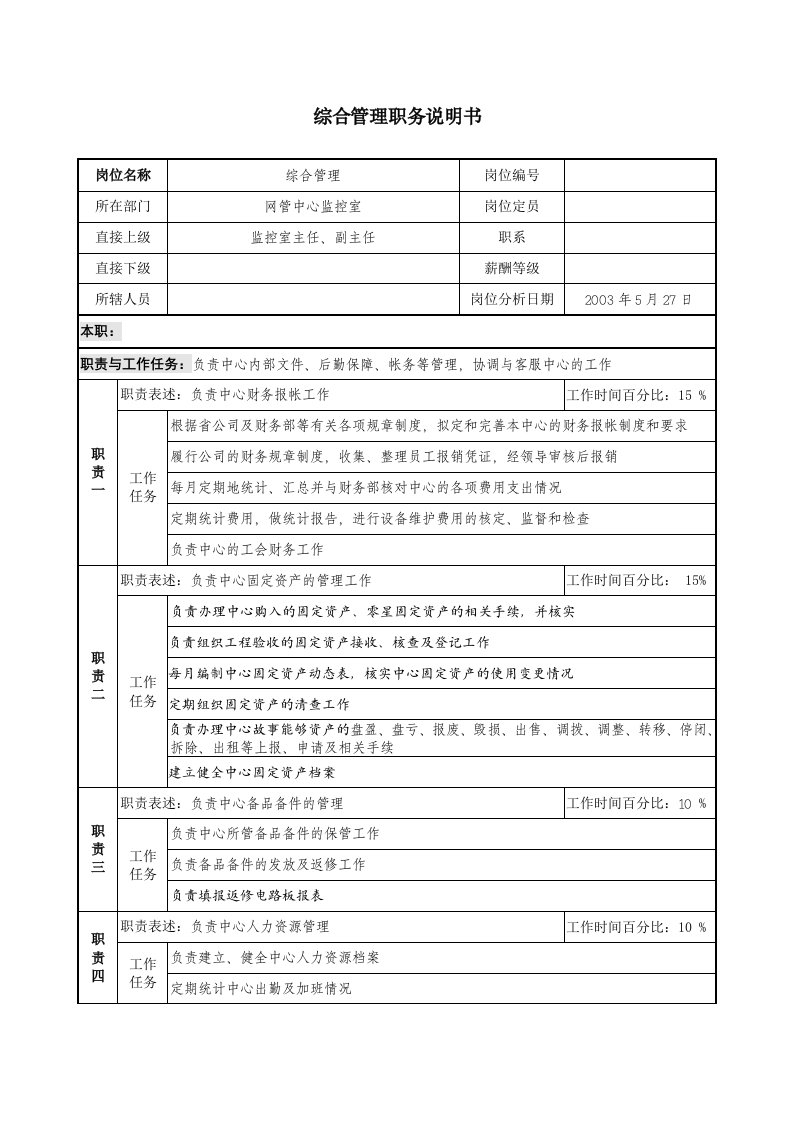 材料行业-网管中心监控室-综合管理岗位说明书