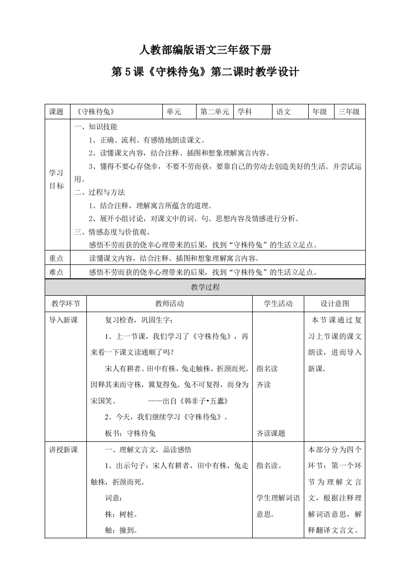 三年级下册语文教案-第二单元5《守株待兔》第二课时--(人教部编版)