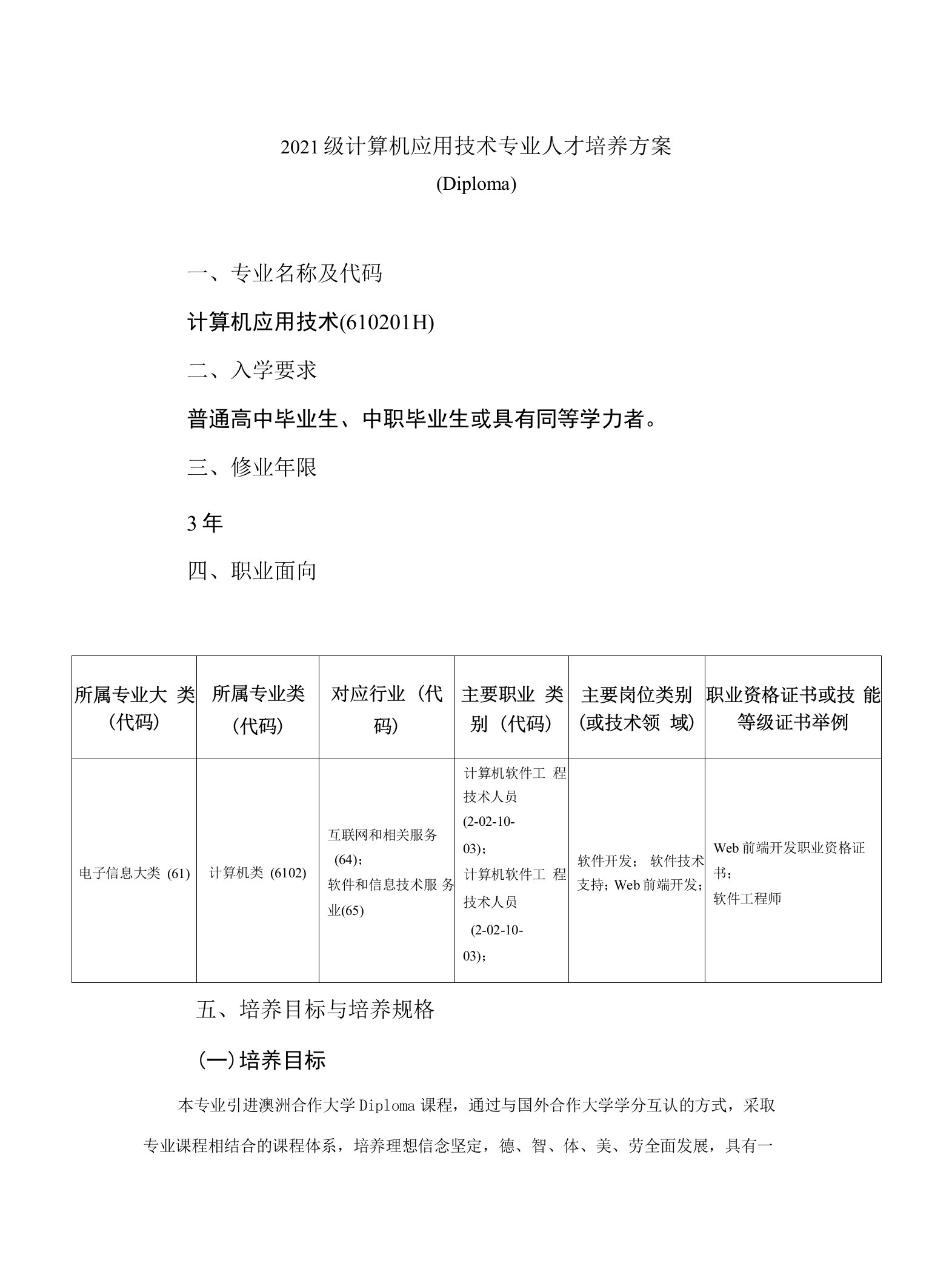 2021级计算机应用技术专业人才培养方案（高职）