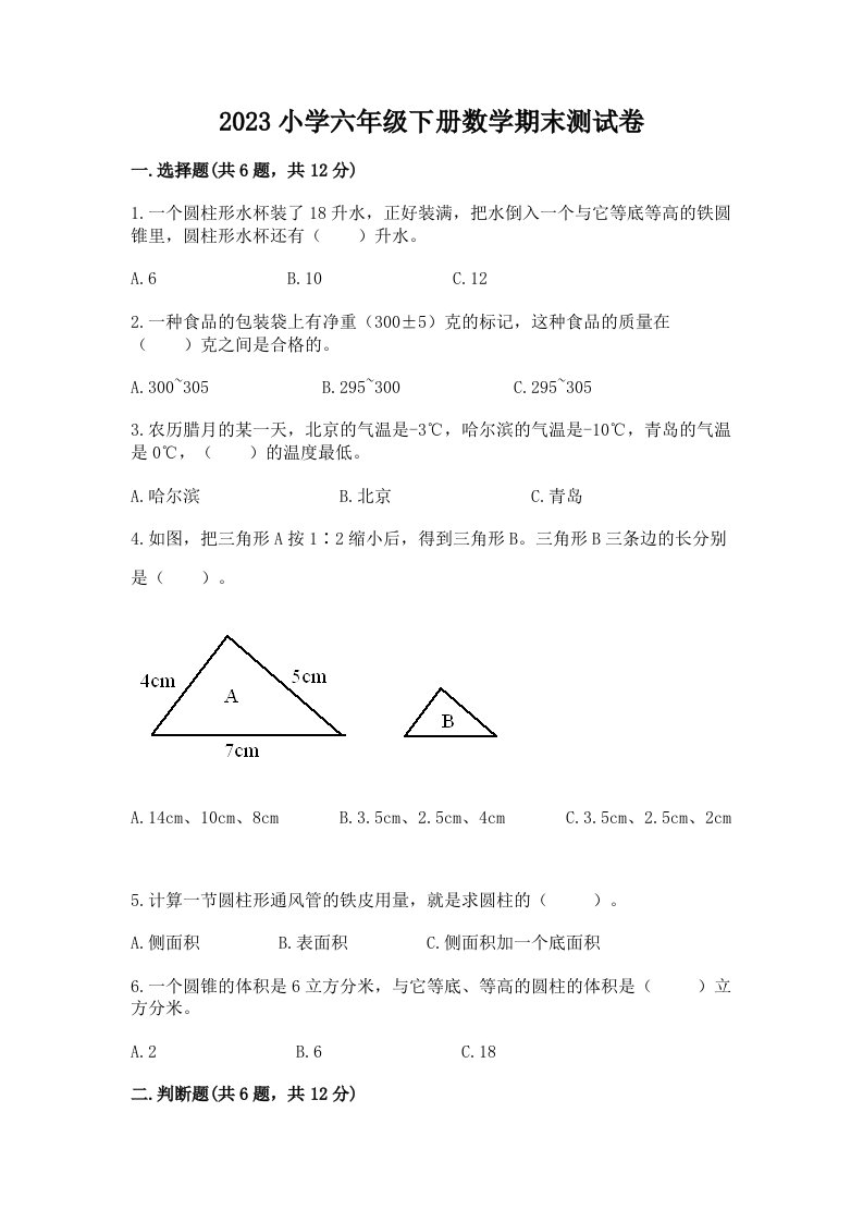 2023小学六年级下册数学期末测试卷附参考答案【达标题】