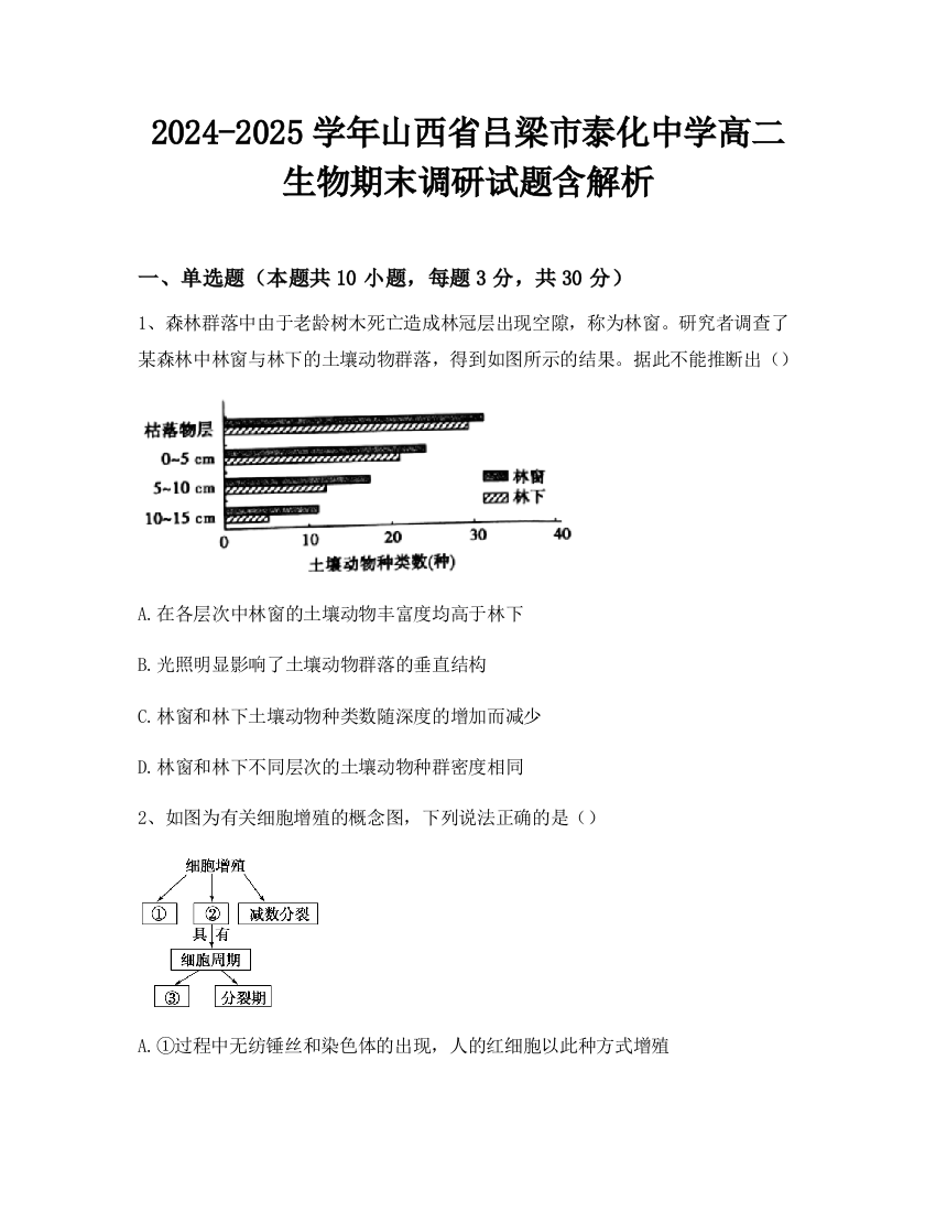 2024-2025学年山西省吕梁市泰化中学高二生物期末调研试题含解析