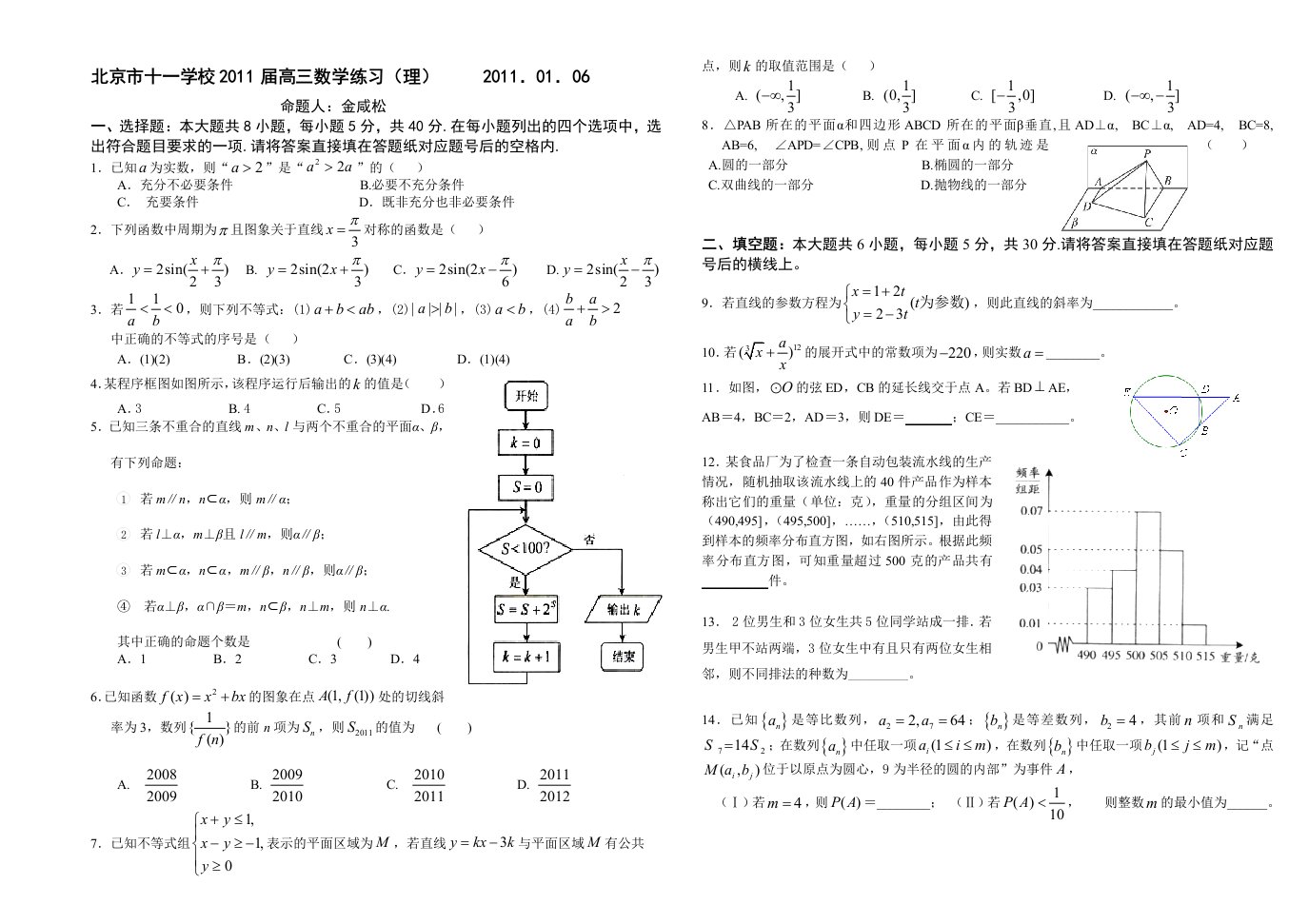 北京市十一学校2011届高三数学练习(理)2011.1.6