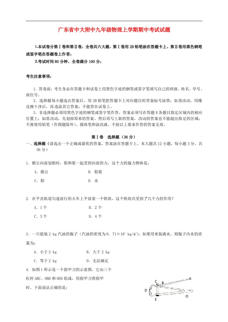 广东省中大附中九级物理上学期期中考试试题