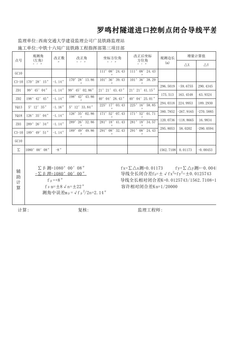 闭合导线平差计算表