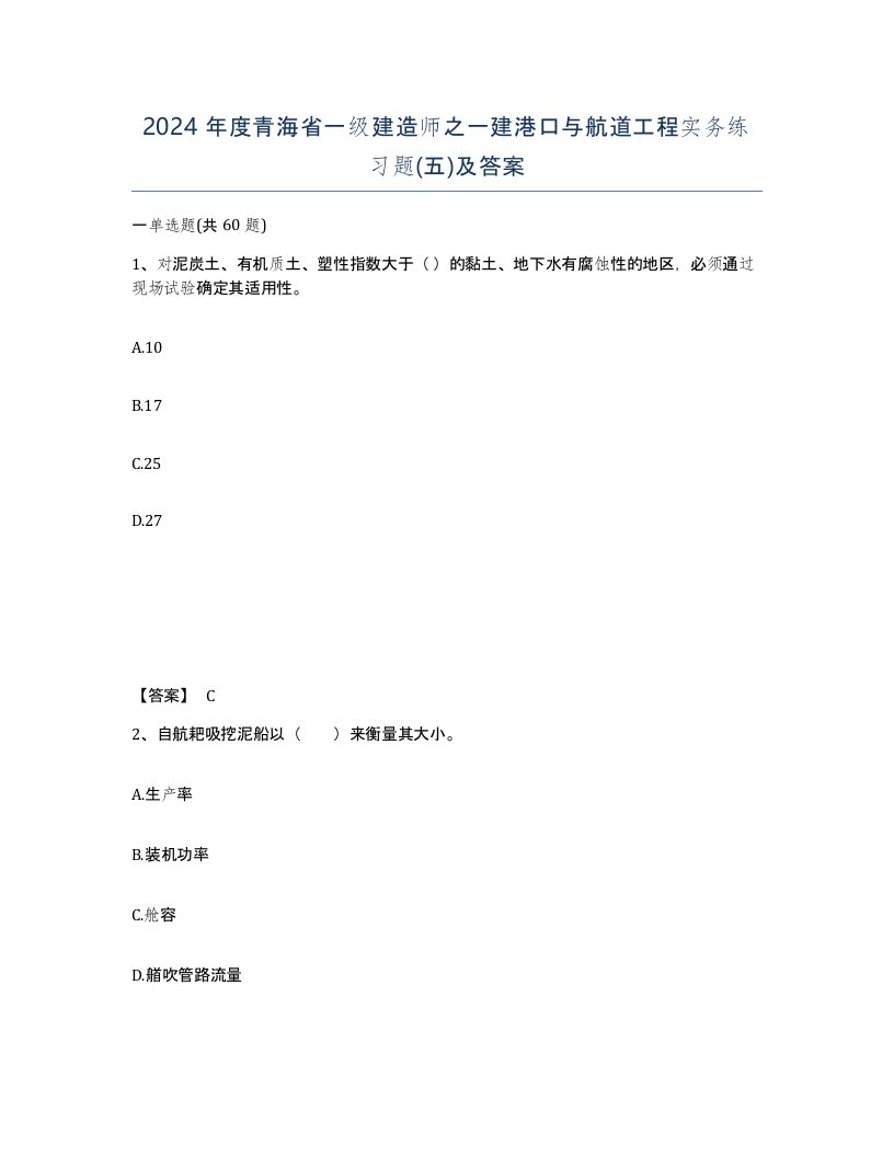 2024年度青海省一级建造师之一建港口与航道工程实务练习题五及答案