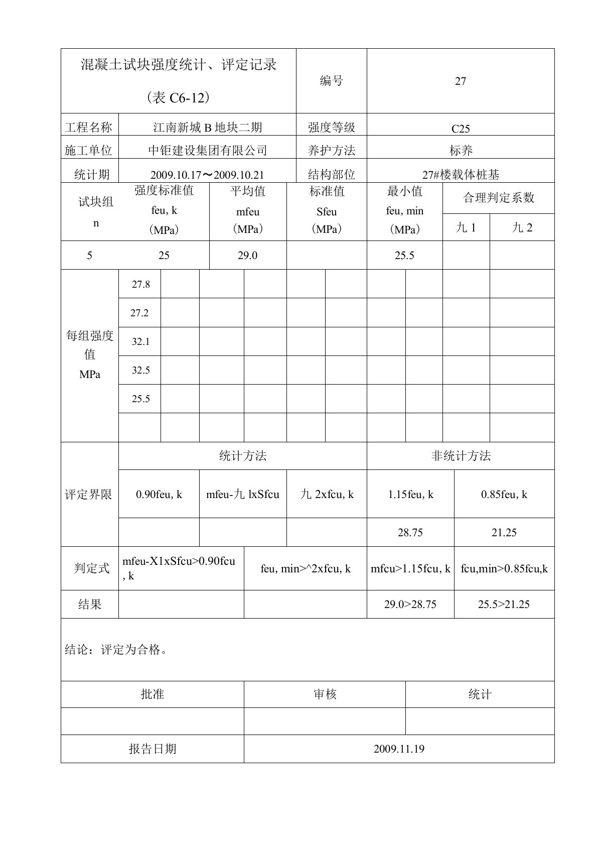 混凝土试块强度统计评定记录