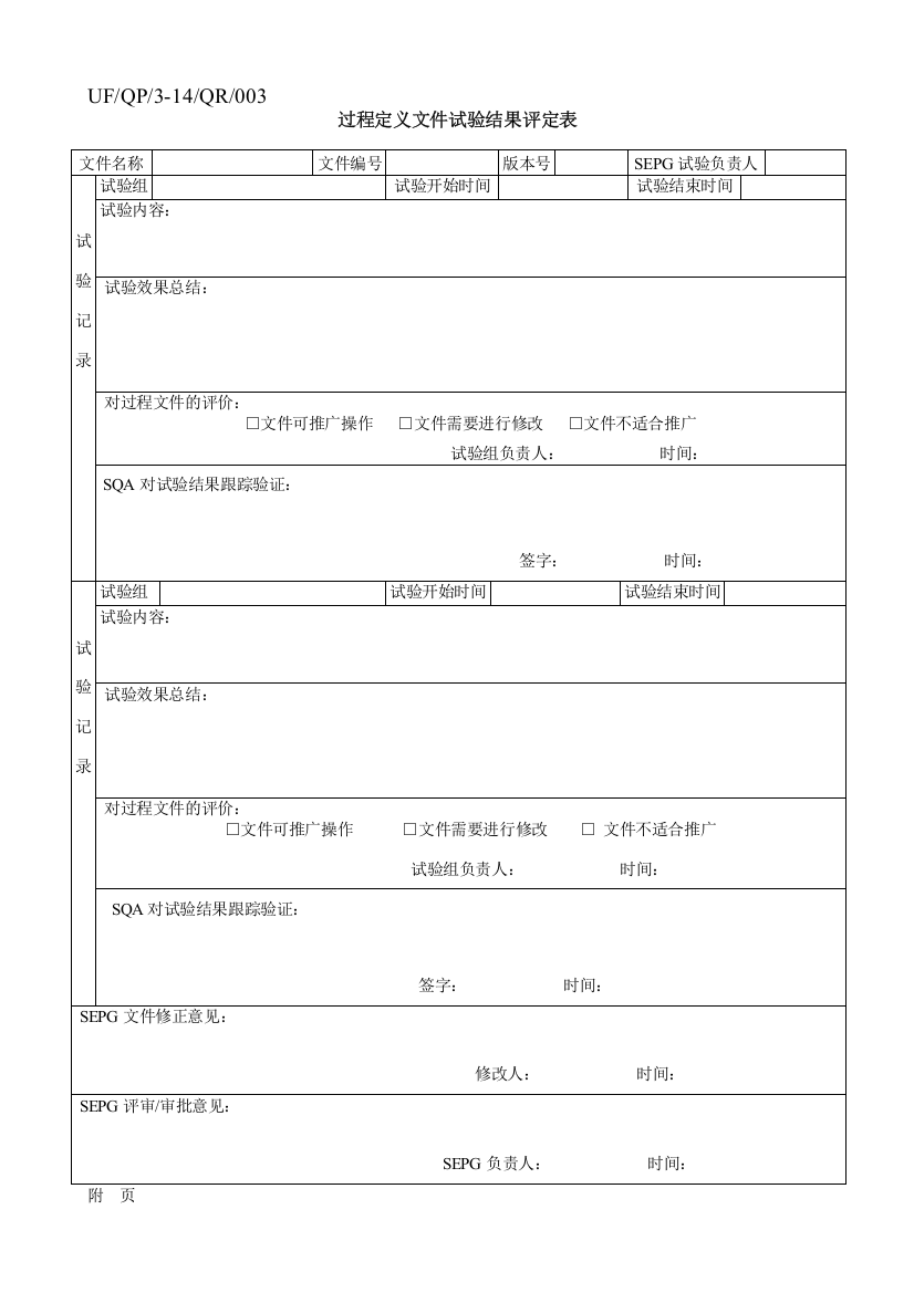 过程定义文件试验结果评定表