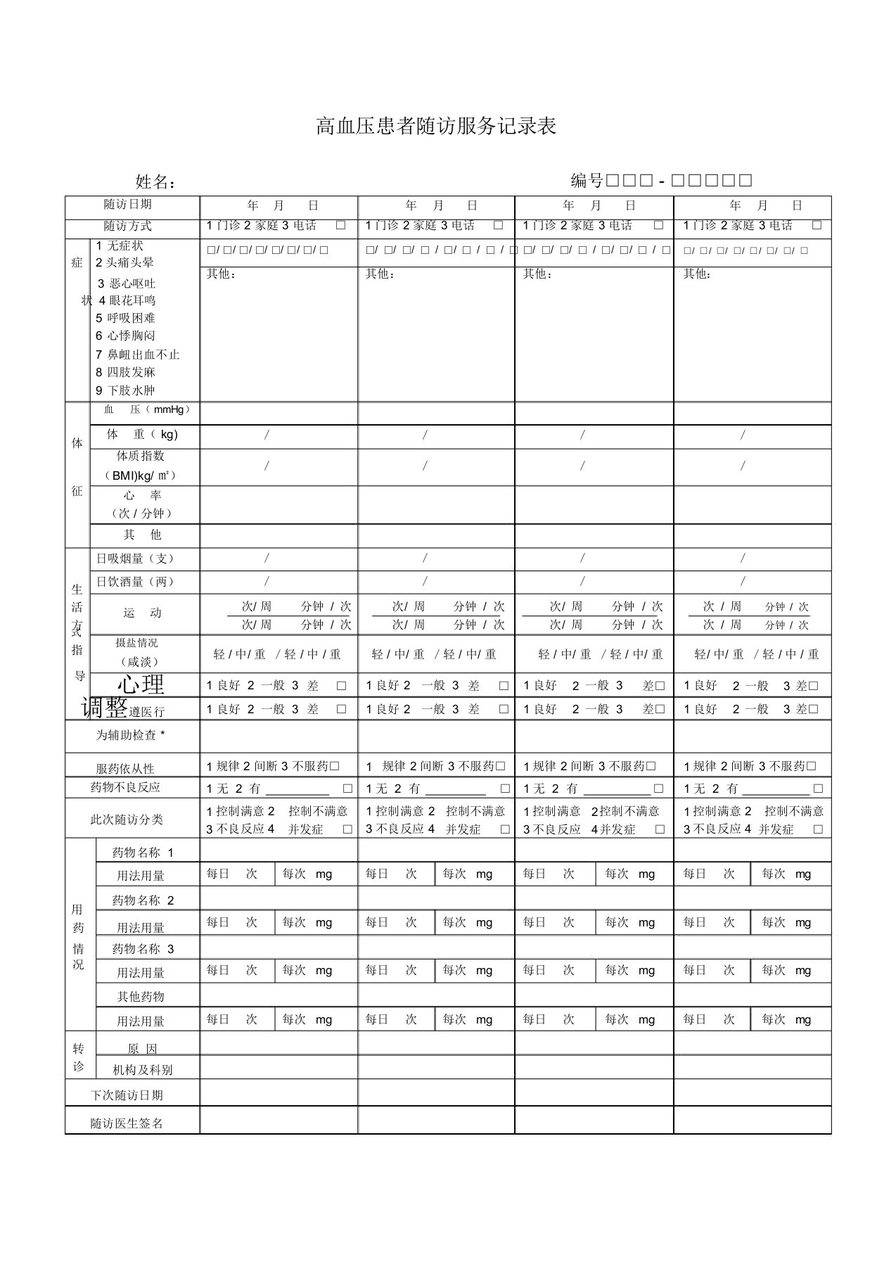 完整版新版高血压患者随访服务记录表