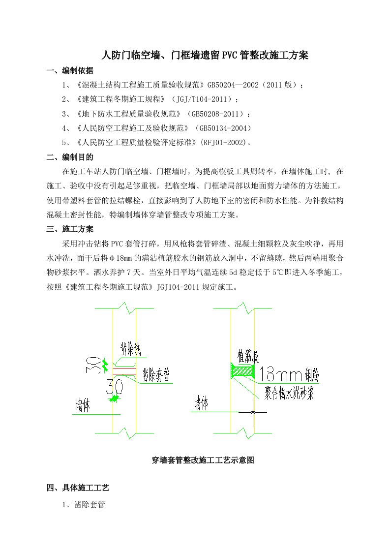 人防门临空墙、门框墙遗留PVC管的整改施工方案