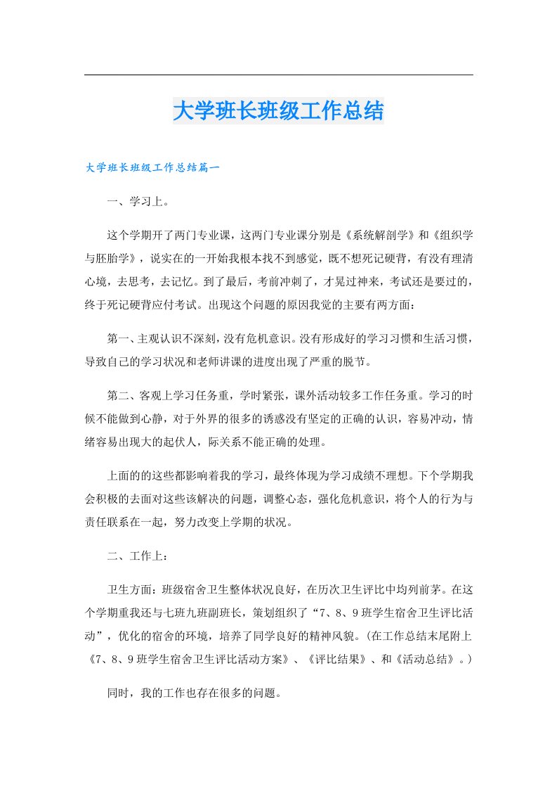 大学班长班级工作总结