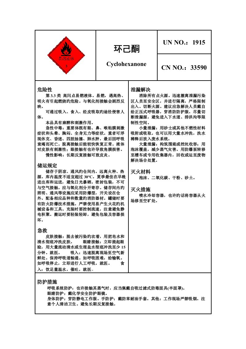 危险化学品安全卡—环己酮