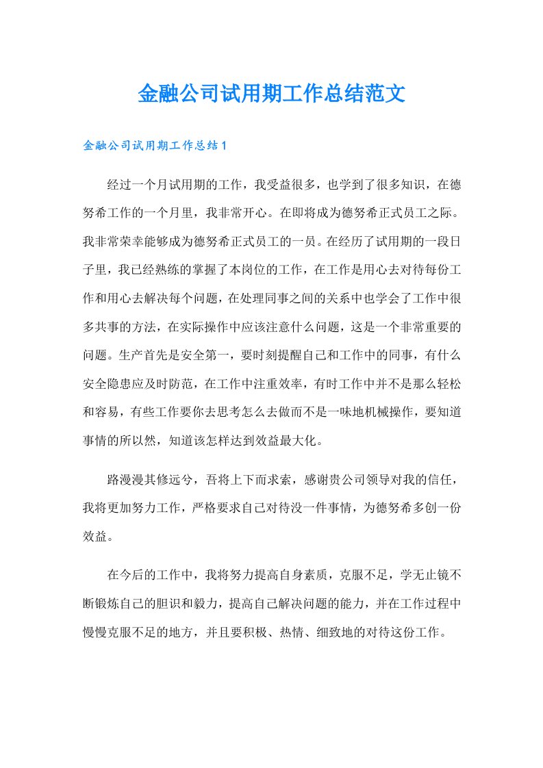 金融公司试用期工作总结范文